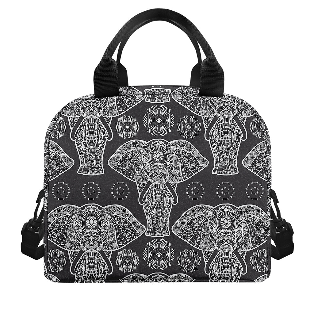 Black And White Boho Elephant Print Insulated Lunch Bag