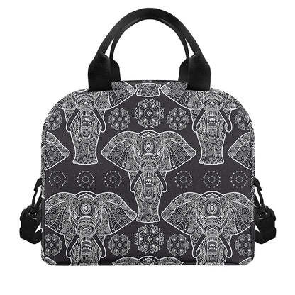 Black And White Boho Elephant Print Insulated Lunch Bag