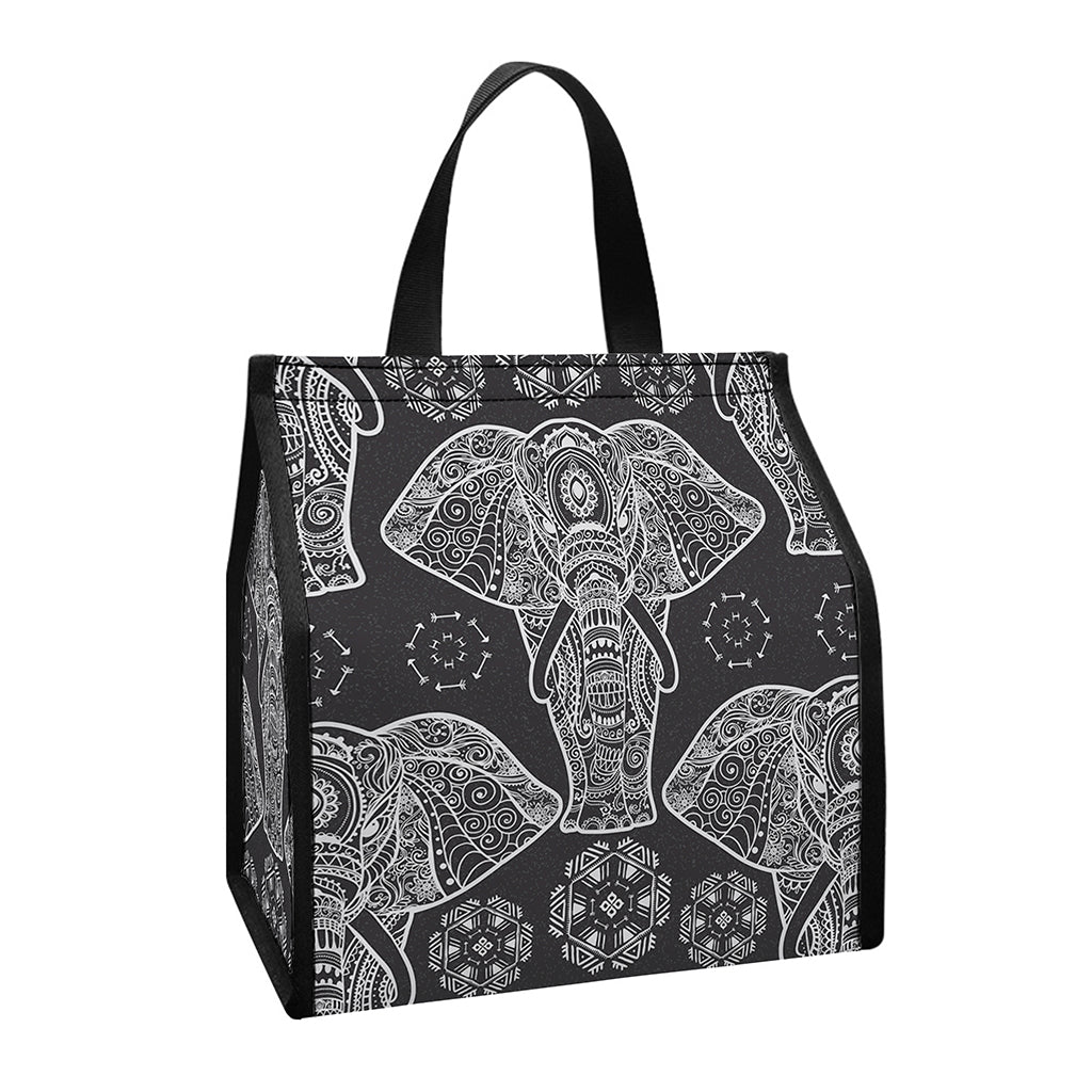 Black And White Boho Elephant Print Insulated Lunch Tote