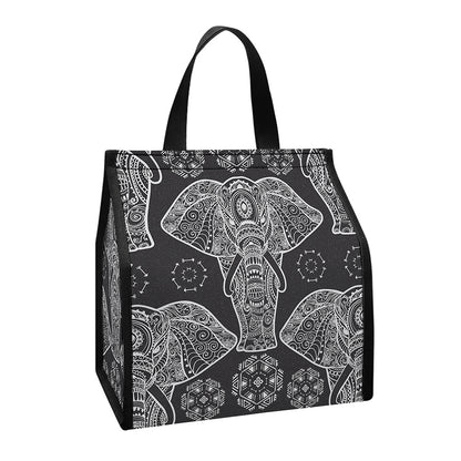 Black And White Boho Elephant Print Insulated Lunch Tote