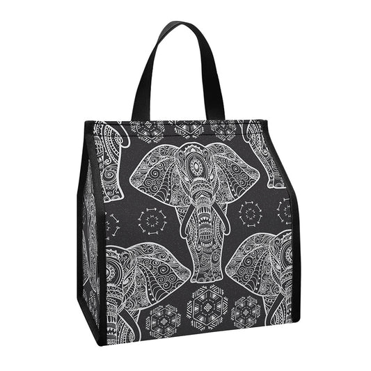 Black And White Boho Elephant Print Insulated Lunch Tote