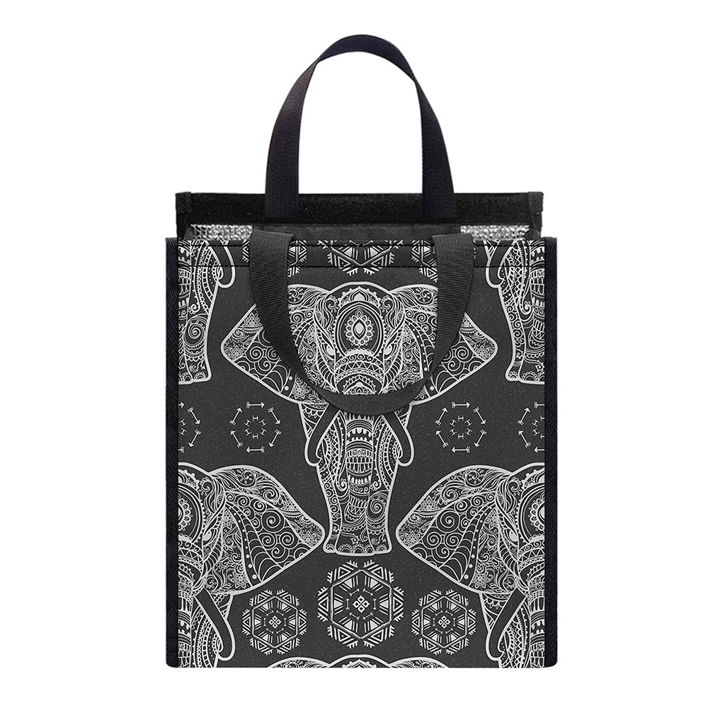Black And White Boho Elephant Print Insulated Lunch Tote