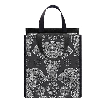 Black And White Boho Elephant Print Insulated Lunch Tote