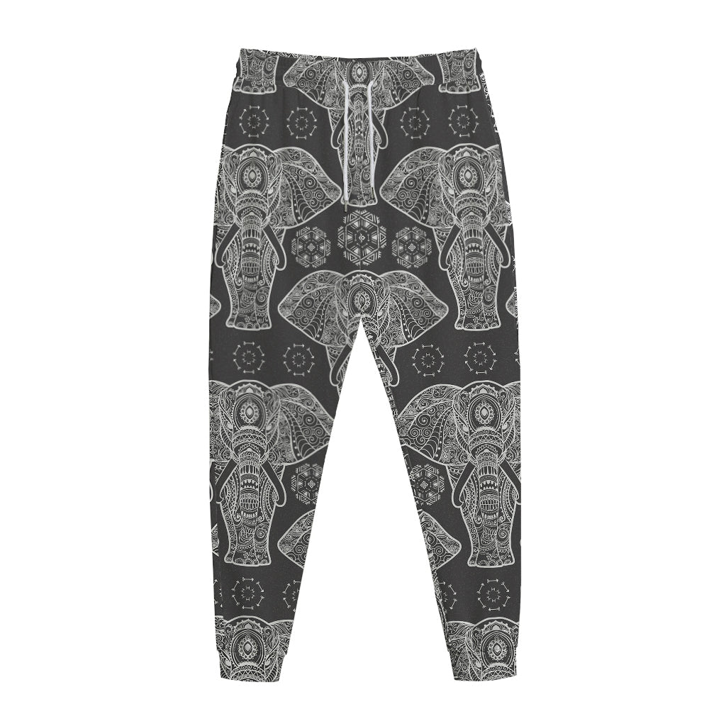 Black And White Boho Elephant Print Jogger Pants
