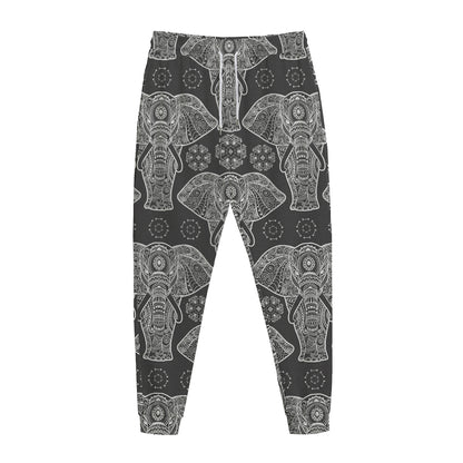 Black And White Boho Elephant Print Jogger Pants