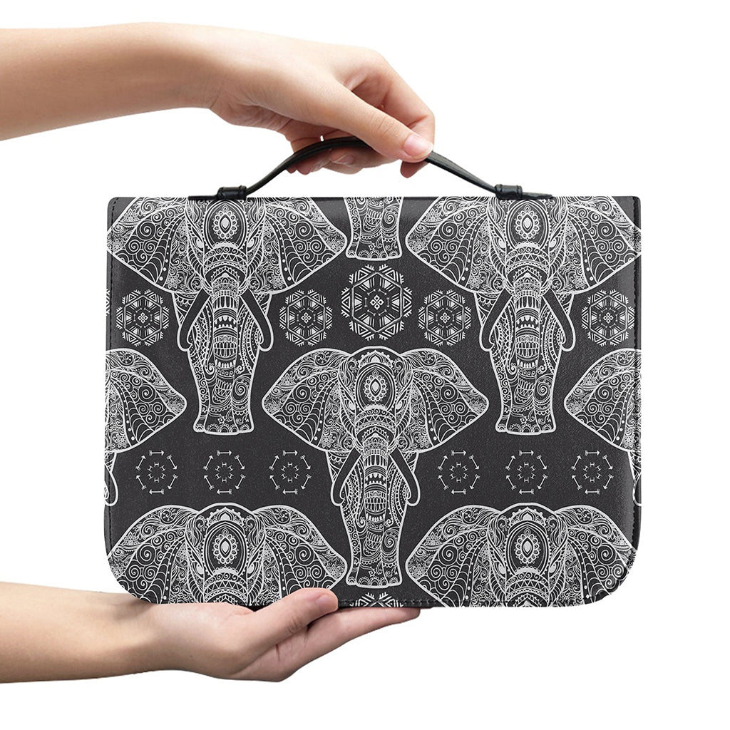 Black And White Boho Elephant Print Leather Bible Cover