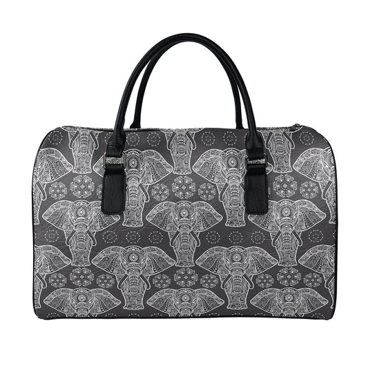 Black And White Boho Elephant Print Leather Duffle Bag