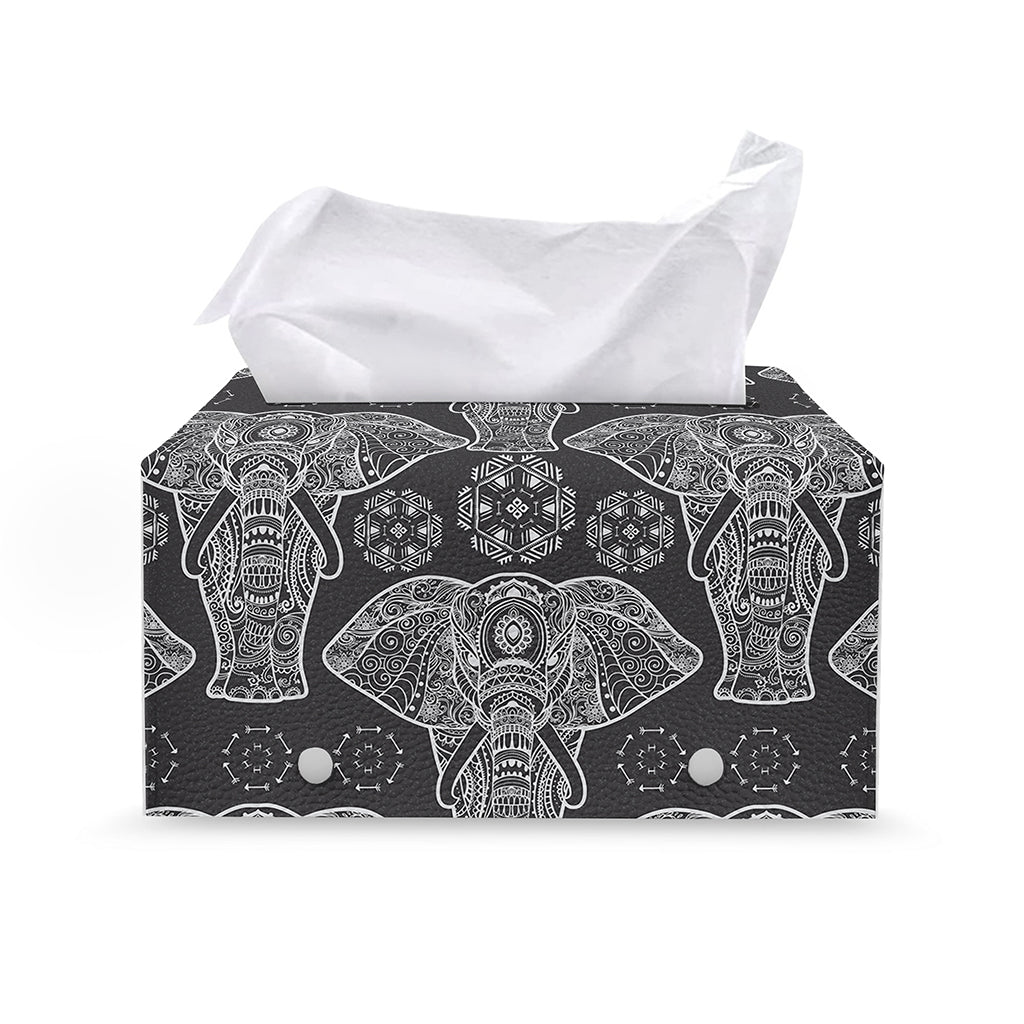 Black And White Boho Elephant Print Leather Tissue Box Cover
