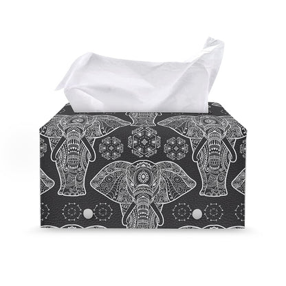 Black And White Boho Elephant Print Leather Tissue Box Cover