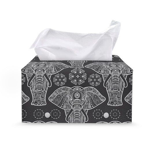 Black And White Boho Elephant Print Leather Tissue Box Cover