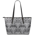 Black And White Boho Elephant Print Leather Tote Bag With Zipper