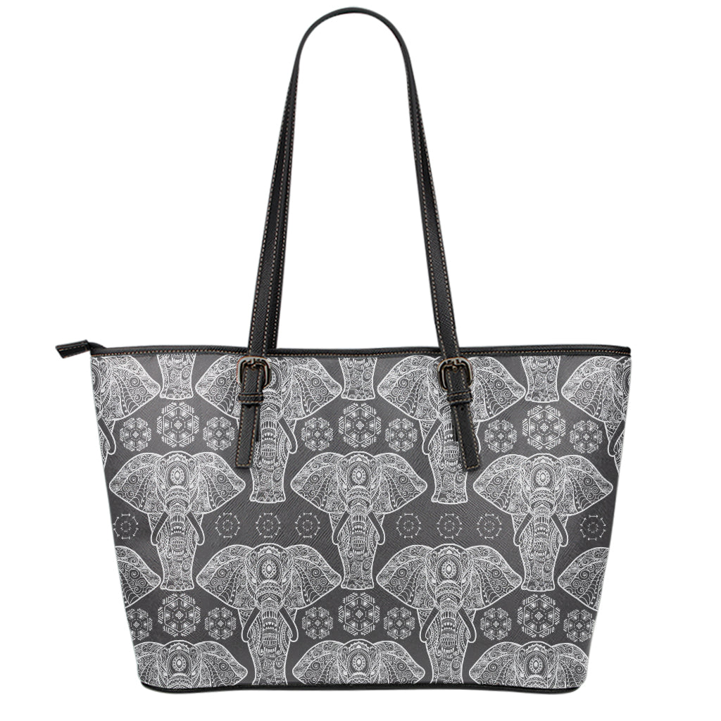 Black And White Boho Elephant Print Leather Tote Bag