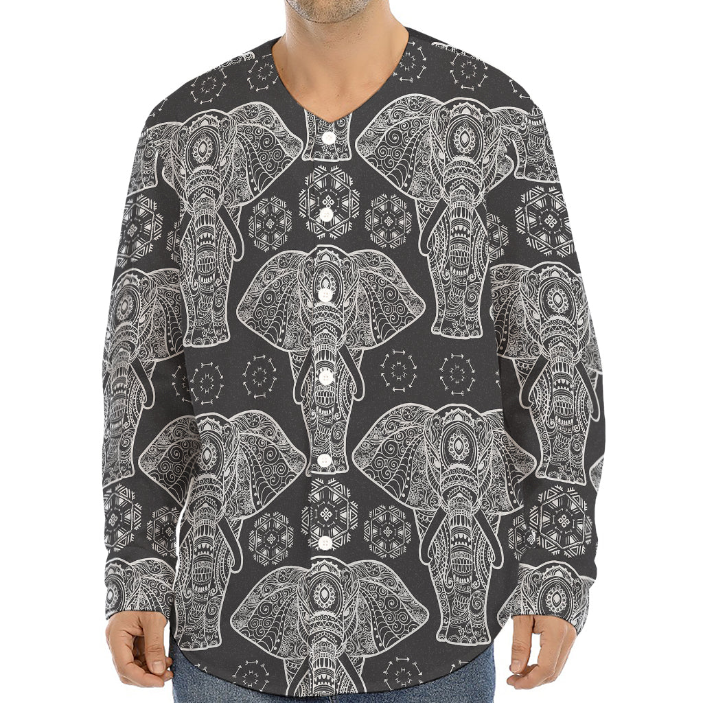 Black And White Boho Elephant Print Long Sleeve Baseball Jersey