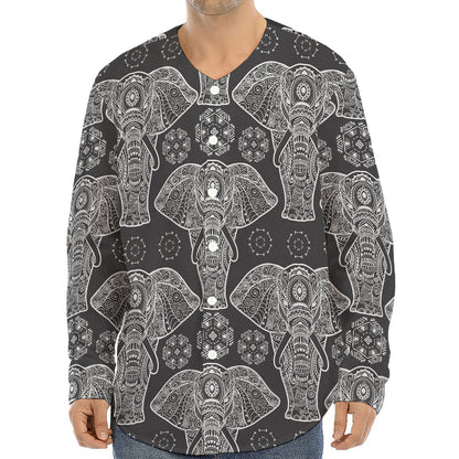 Black And White Boho Elephant Print Long Sleeve Baseball Jersey