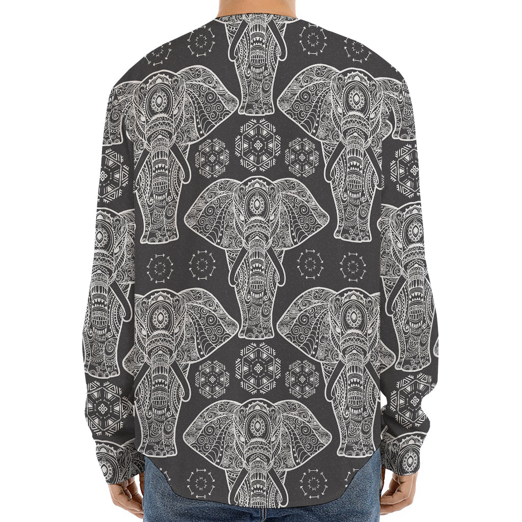 Black And White Boho Elephant Print Long Sleeve Baseball Jersey