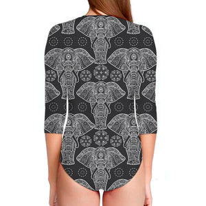 Black And White Boho Elephant Print Long Sleeve Swimsuit