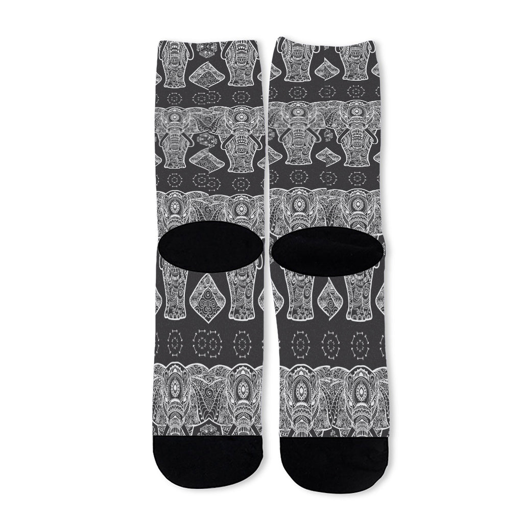 Black And White Boho Elephant Print Long Socks