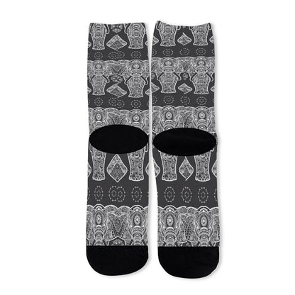 Black And White Boho Elephant Print Long Socks