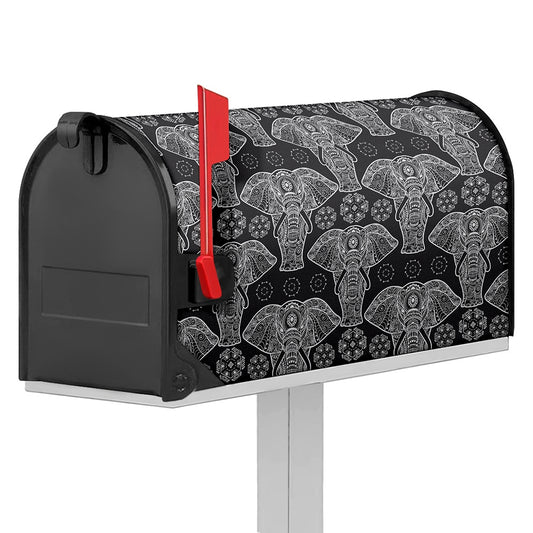 Black And White Boho Elephant Print Mailbox Cover
