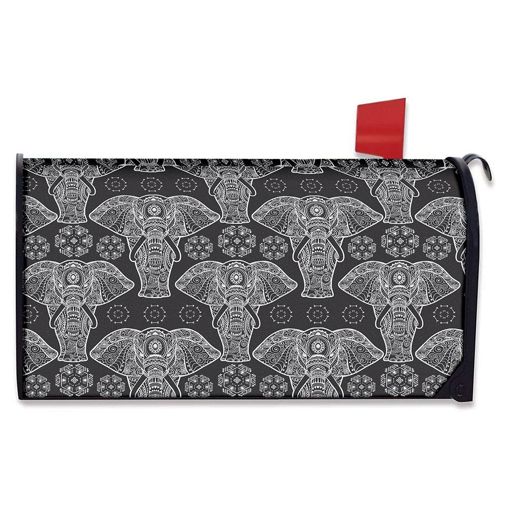 Black And White Boho Elephant Print Mailbox Cover