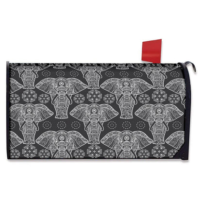 Black And White Boho Elephant Print Mailbox Cover