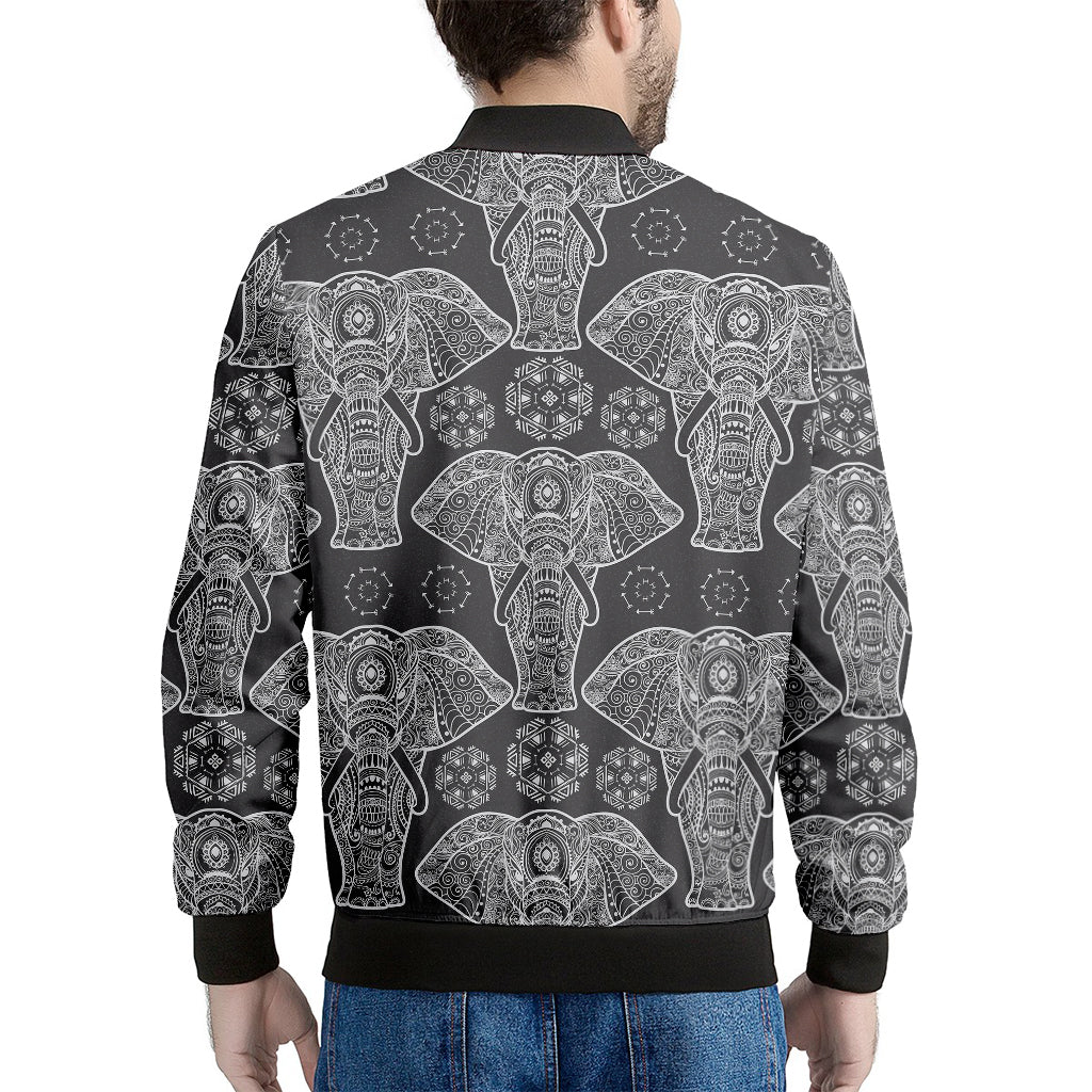 Black And White Boho Elephant Print Men's Bomber Jacket