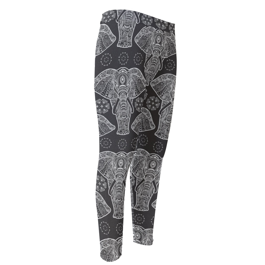 Black And White Boho Elephant Print Men's Compression Pants