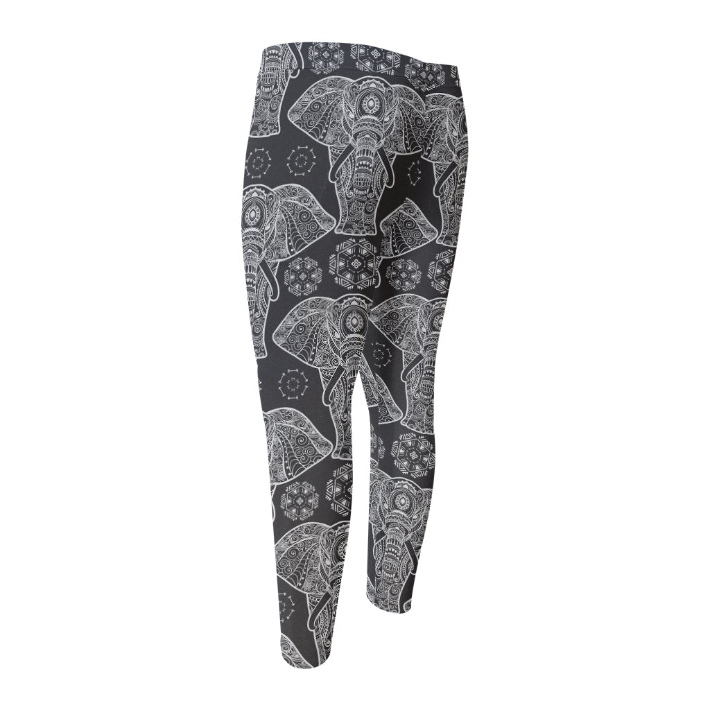 Black And White Boho Elephant Print Men's Compression Pants