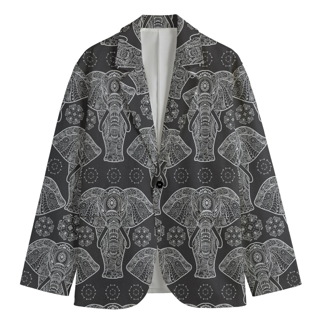 Black And White Boho Elephant Print Men's Cotton Blazer
