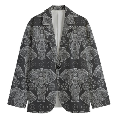 Black And White Boho Elephant Print Men's Cotton Blazer