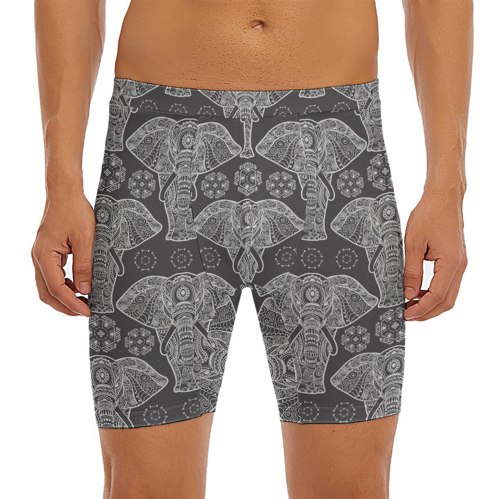 Black And White Boho Elephant Print Men's Long Boxer Briefs