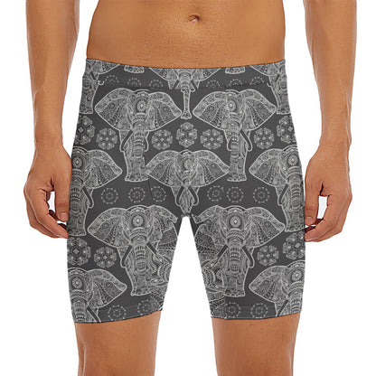 Black And White Boho Elephant Print Men's Long Boxer Briefs