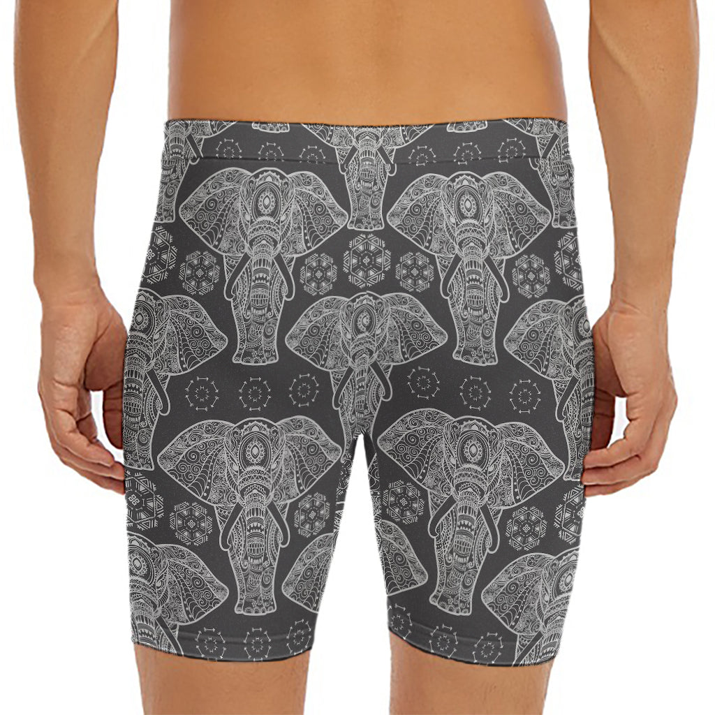 Black And White Boho Elephant Print Men's Long Boxer Briefs