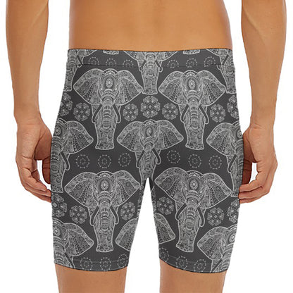 Black And White Boho Elephant Print Men's Long Boxer Briefs