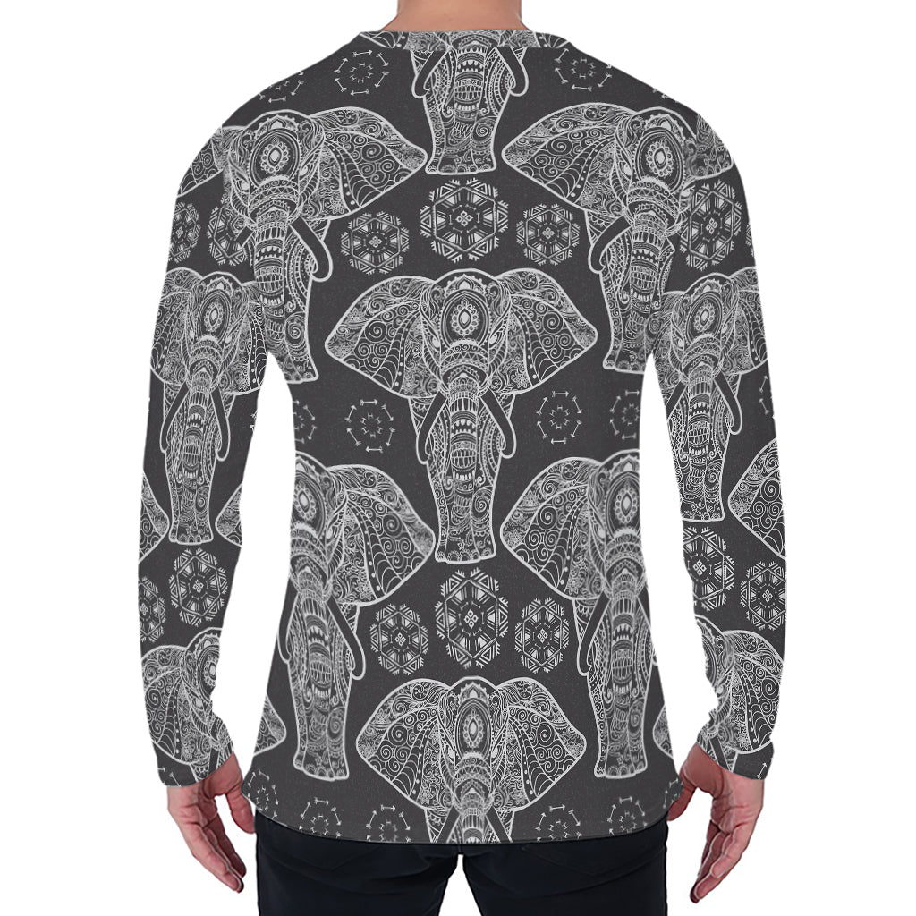Black And White Boho Elephant Print Men's Long Sleeve T-Shirt