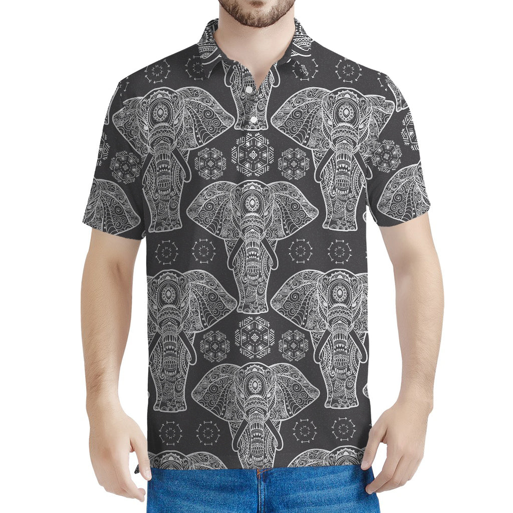 Black And White Boho Elephant Print Men's Polo Shirt