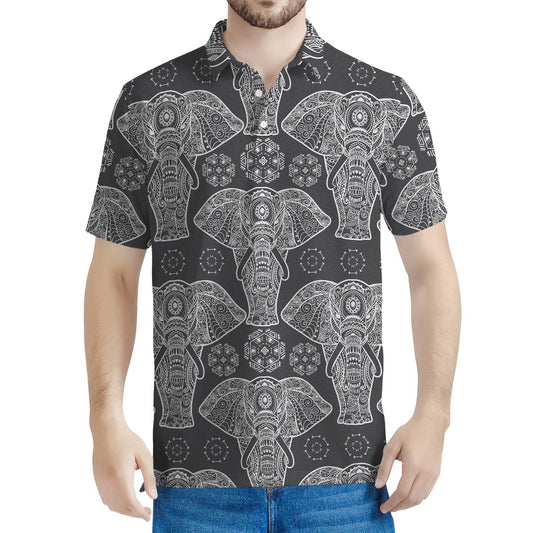 Black And White Boho Elephant Print Men's Polo Shirt