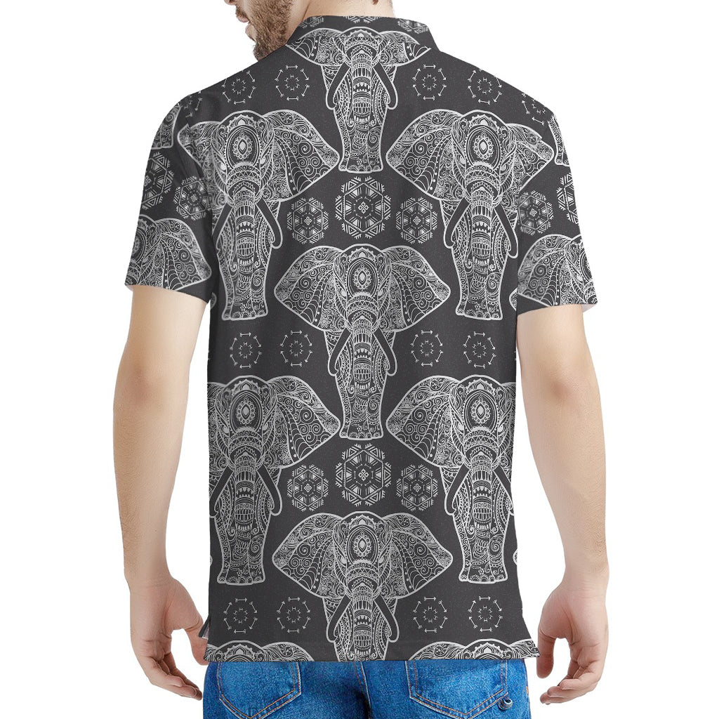 Black And White Boho Elephant Print Men's Polo Shirt