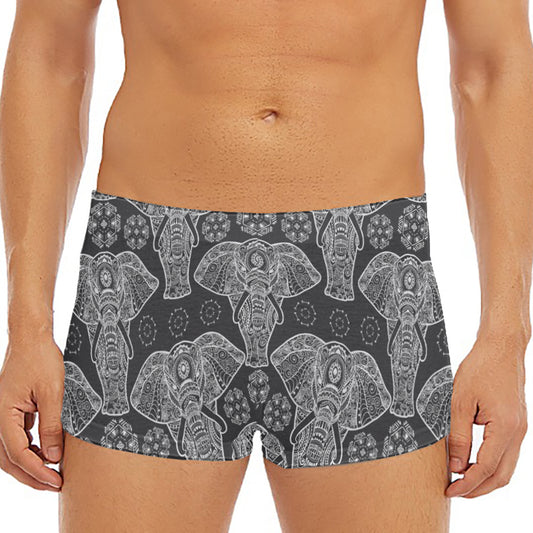 Black And White Boho Elephant Print Men's Short Boxer Briefs