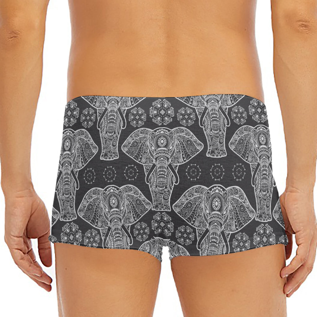 Black And White Boho Elephant Print Men's Short Boxer Briefs