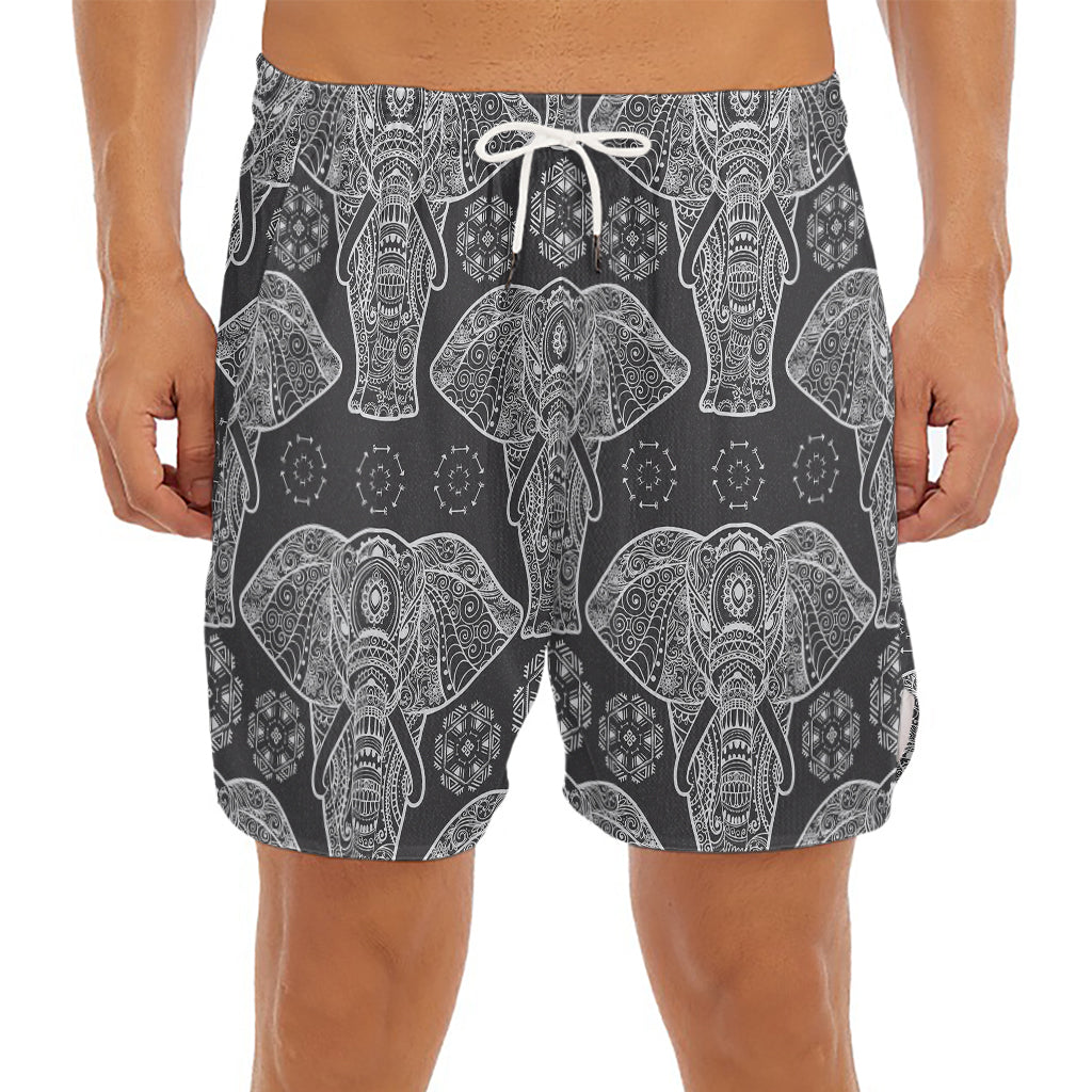 Black And White Boho Elephant Print Men's Split Running Shorts