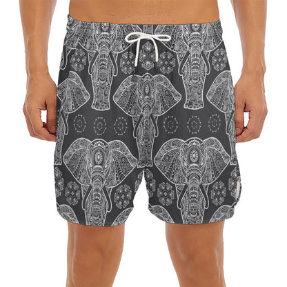 Black And White Boho Elephant Print Men's Split Running Shorts
