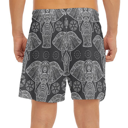 Black And White Boho Elephant Print Men's Split Running Shorts