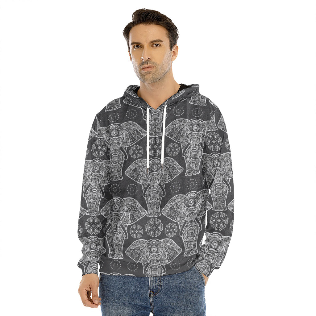 Black And White Boho Elephant Print Men's Velvet Pullover Hoodie