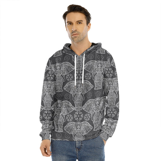 Black And White Boho Elephant Print Men's Velvet Pullover Hoodie