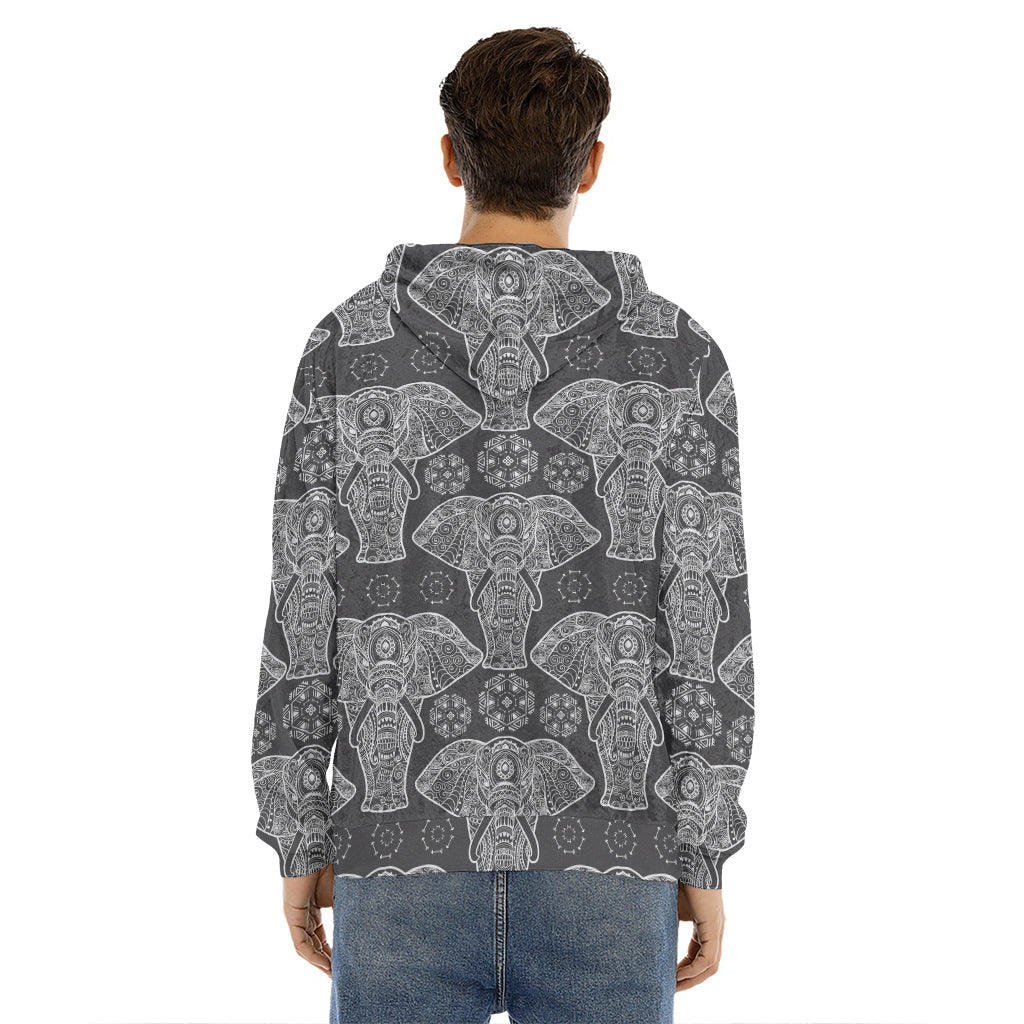 Black And White Boho Elephant Print Men's Velvet Pullover Hoodie