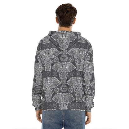 Black And White Boho Elephant Print Men's Velvet Pullover Hoodie