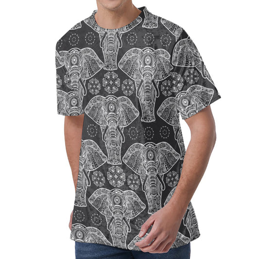 Black And White Boho Elephant Print Men's Velvet T-Shirt