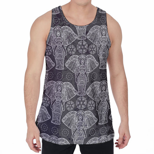 Black And White Boho Elephant Print Men's Velvet Tank Top