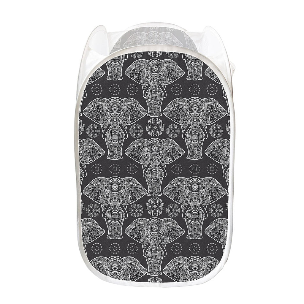 Black And White Boho Elephant Print Mesh Laundry Hamper